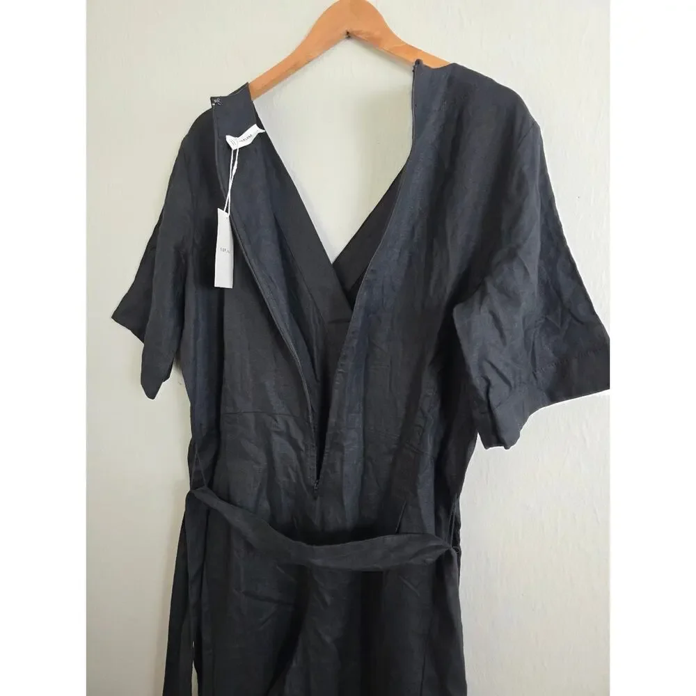 NEW Everlane The Wrap Linen Black Wrap-Front Wide-Leg Short Sleeve Jumpsuit 8